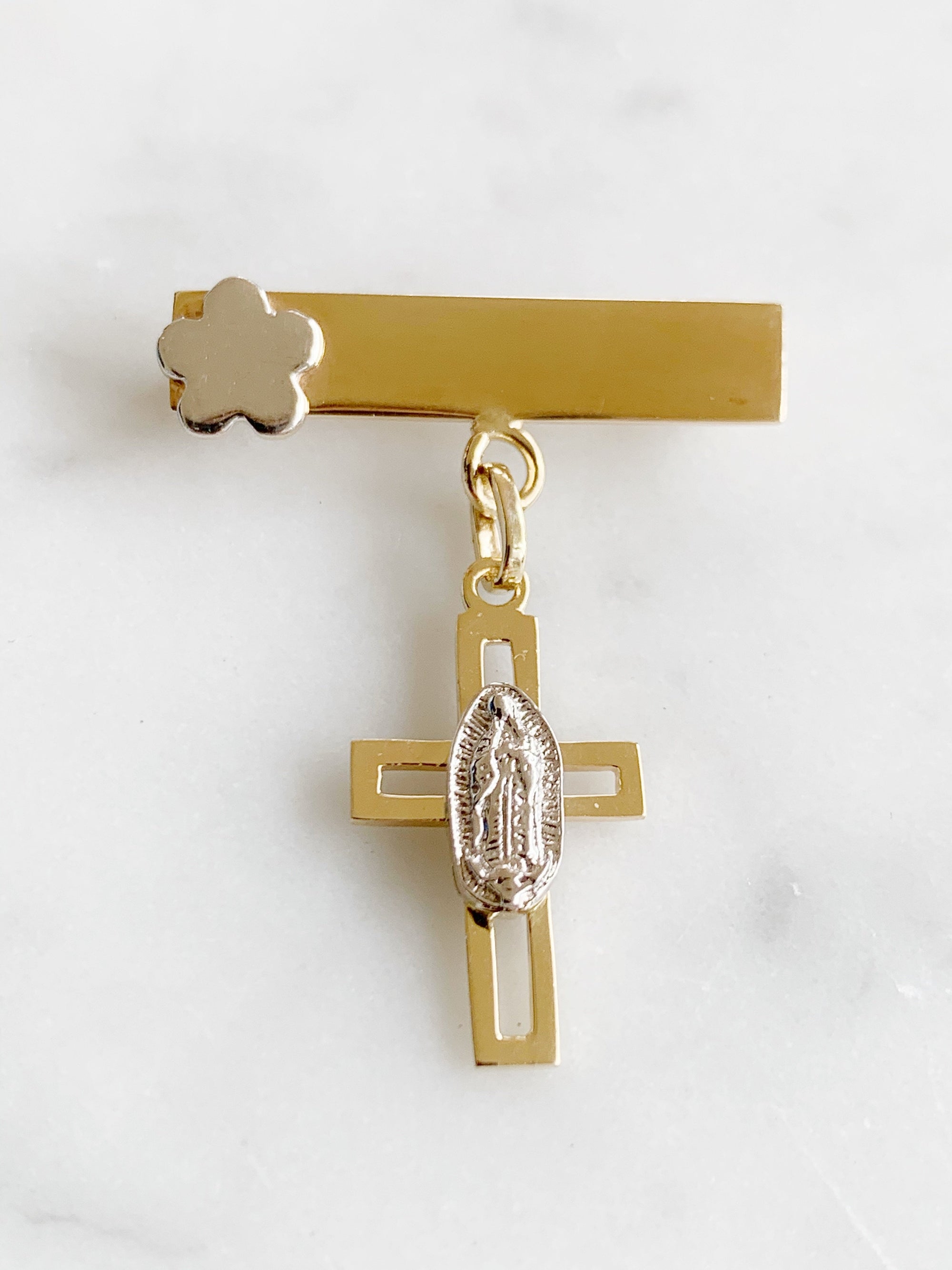 Baby Pin con Cruz con Virgen de Guadalupe Oro 14k Mod. 3a8e